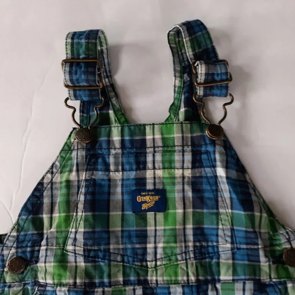 Oshkosh Boys Overall Shorts Green Blue Plaid Shoralls 18 Months